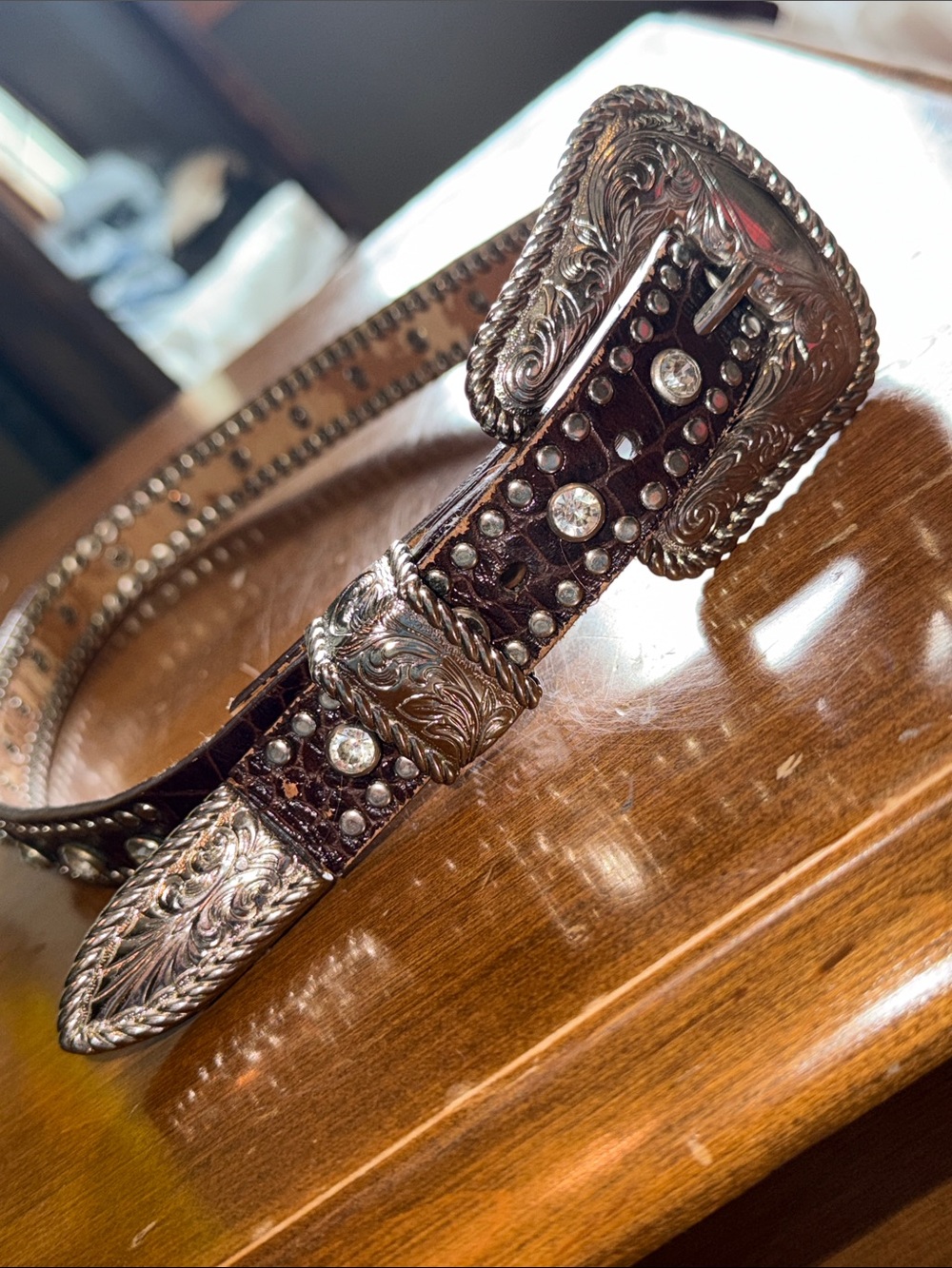 Nocona Brown Leather Belt with Rhinestones and Silver Accents
